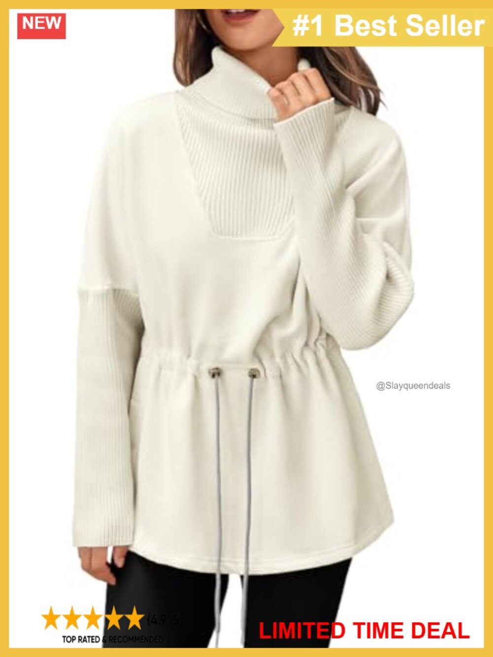 Turtleneck Fleece Lined Drawstring Waist Pullover Sweatshirt Side Slit Tunic